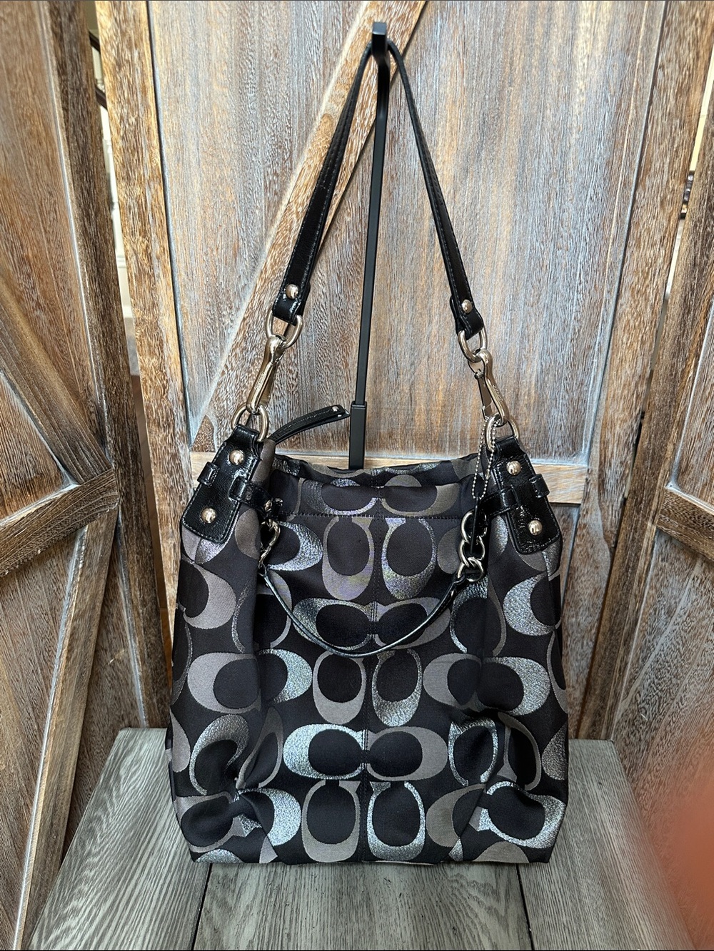 Coach Brooke Signature C Black & Metallic Silver Canvas Shoulder Satchel Tote - Picture 14 of 16